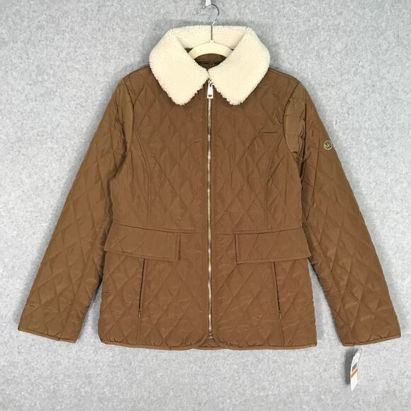 Michael Kors Jacket Womens Small Brown Quilted Sherpa Collar Zip Classic Preppy